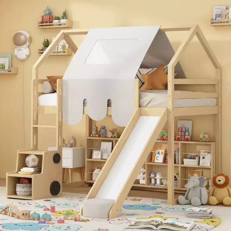 Polibi Loft Playhouse Bed with Slide, Tent Canopy & Built-in Storage