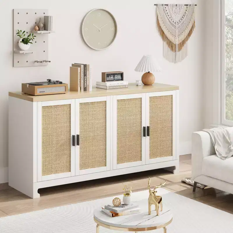 60 Rattan Buffet Cabinet, Storage Sideboard with 4 Doors & Adjustable Shelves, Woven Console Table for Dining Room, Living Room, Entryway