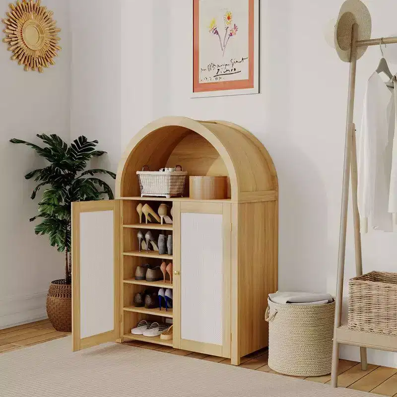 Coolmee 5 Tier Arched Shoe Storage Cabinet with Rattan Doors, Freestanding Shoe Rack with Adjustable Shelves for Entryway, Hallway, Living Room