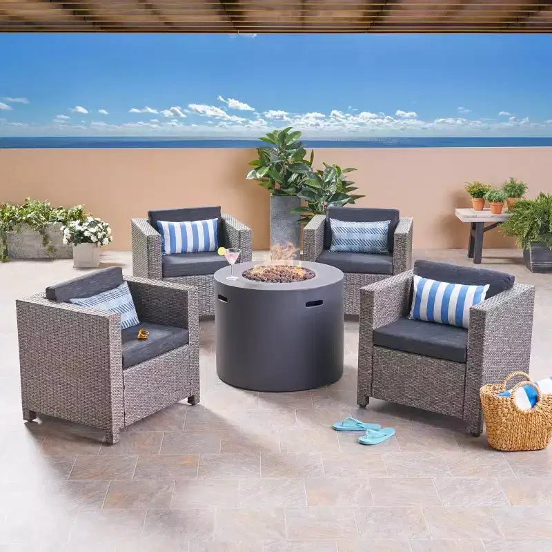 Christopher Knight Home Overton Outdoor Wicker 5 Piece Club Chair and Fire Pit Set with Cushions