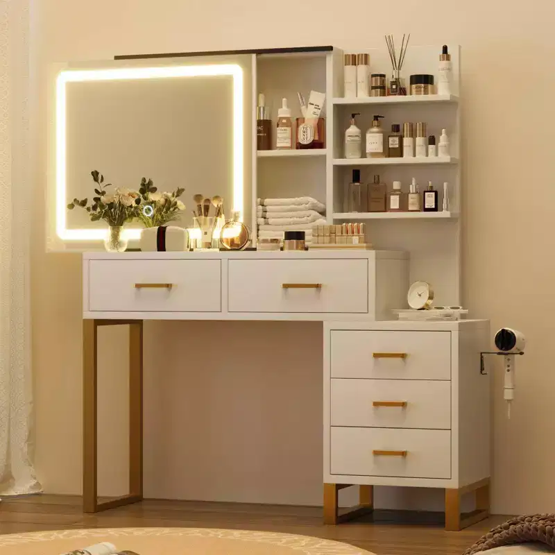 Lighted Vanity Desk with Mirror, Charging Station, 5 Drawers and 3 Open Shelves