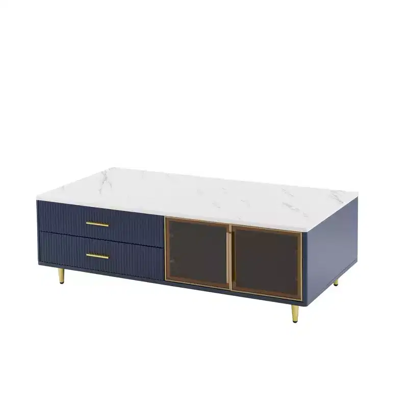 Modern Coffee Table with Glass Doors, 4 Drawers, Multi-Color Lighting & Metal Legs, Rectangular Center Table for Living Room