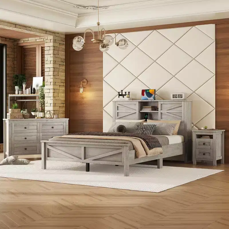 Whisen 3-Pieces Bedroom Sets, Full Size Farmhouse Platform Bed Frame with Storage Headboard, Storage Nightstand and Dresser