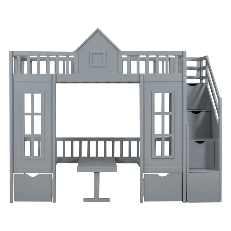 Twin Over Twin Bunk Bed with Convertible Desk - Gray
