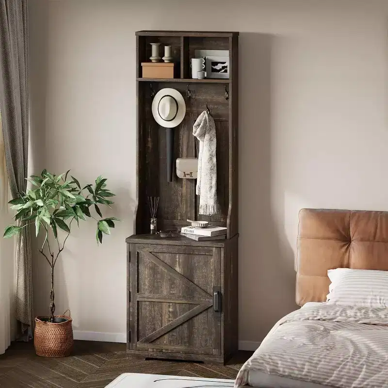 Farmhouse Narrow Hall Tree with Bench and Shoe Storage, Coat Rack, Barn Door, Small Entryway Organizer
