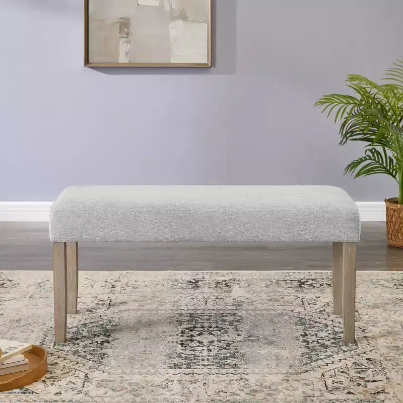 Upholstered Bench, Light Gray Fabric with Rubberwood Legs