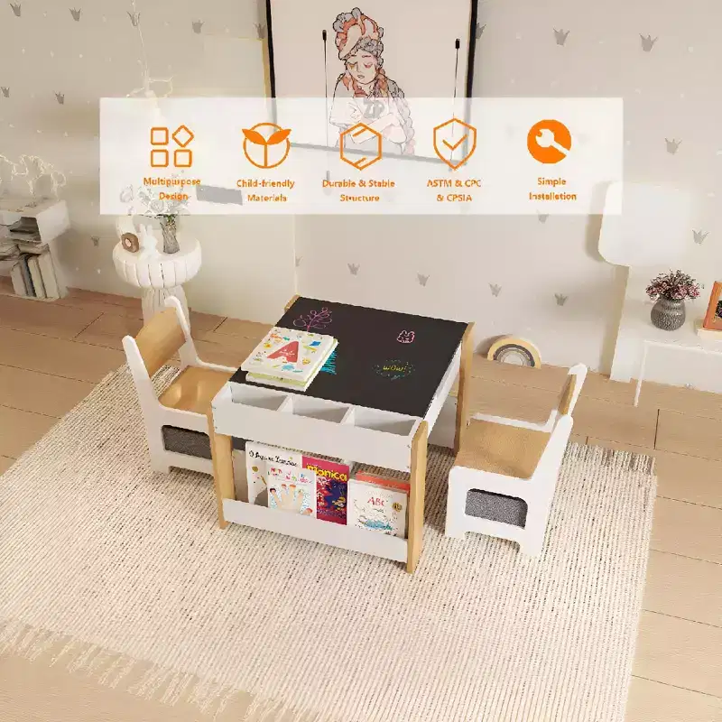 4-in-1 Activity Table Set with Detachable Tabletop, Table Set with Drawers and Bookshelf, Multifunctional Toddler Furniture for Drawing, Reading