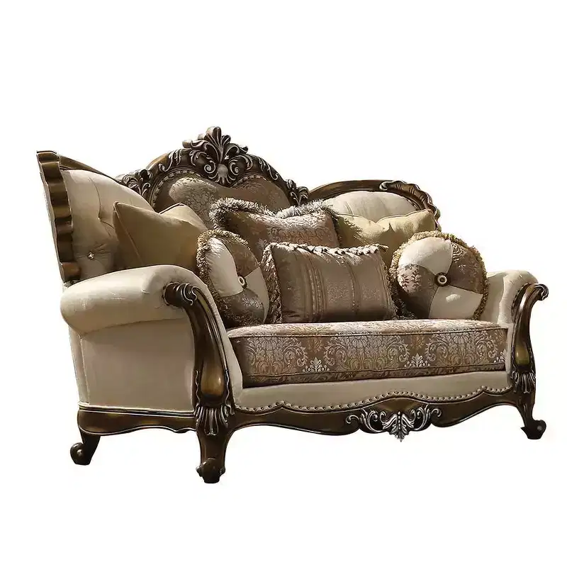 Sofa Tan, Pattern Fabric and Antique Oak Finish  Traditional Upholstered Loveseat, Tufted Design