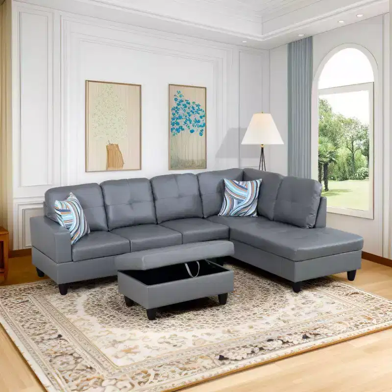 Dark Gray Semi-PU Leather Sectional Sofa - Modern L-Shaped Design, Tufted Cushions, Decorative Pillows, Storage Ottoman