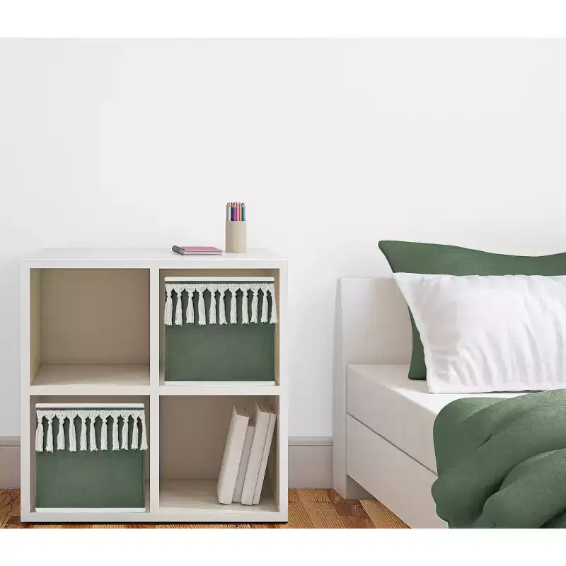 Boy or Girl Gender Neutral Unisex Kids Decorative Fabric Storage Bins Boho Fringe Green and Ivory