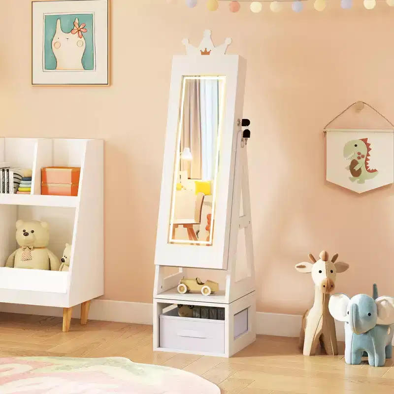Swivel Kids Jewelry Cabinet with Lights, Full-Length Mirror & Built-in Mirror