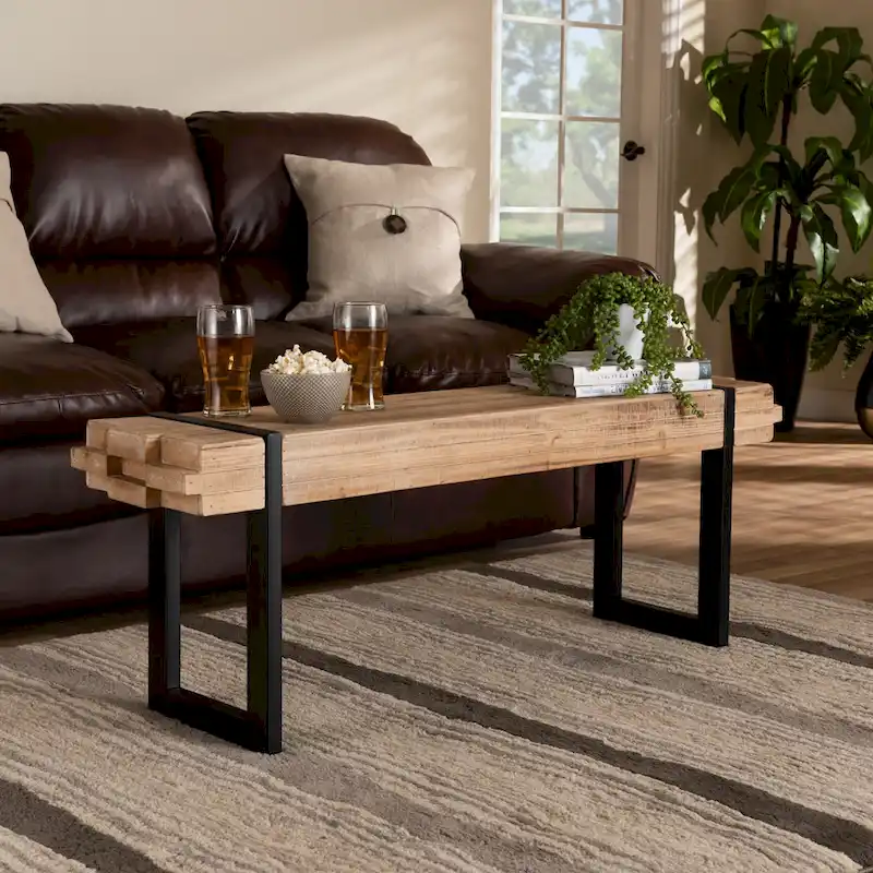 Natural Brown Finished Wood and Black Metal Bench