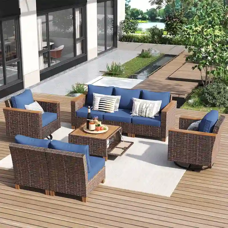 8-Piece Patio Furniture Set with Storage Table and Rattan Swivel Rocking Chairs, Outdoor Wicker Conversation Set for Backyard
