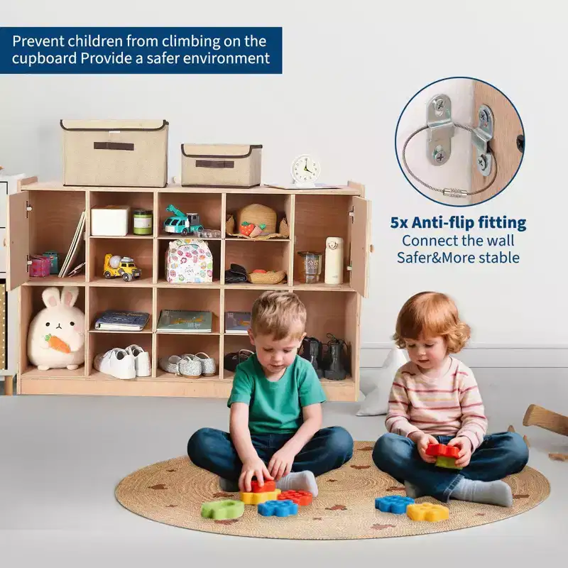 10-Cubby Wall Mount Storage Organizer with Hooks, Birch Plywood Shelf for Classroom & Playroom