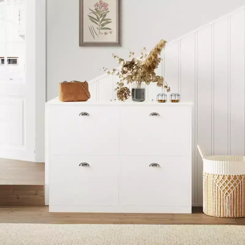 MAYEERTY Shoe Cabinet Hidden Slim Narrow Shoe Rack Cabinet with 4 Drawers for Hallway White