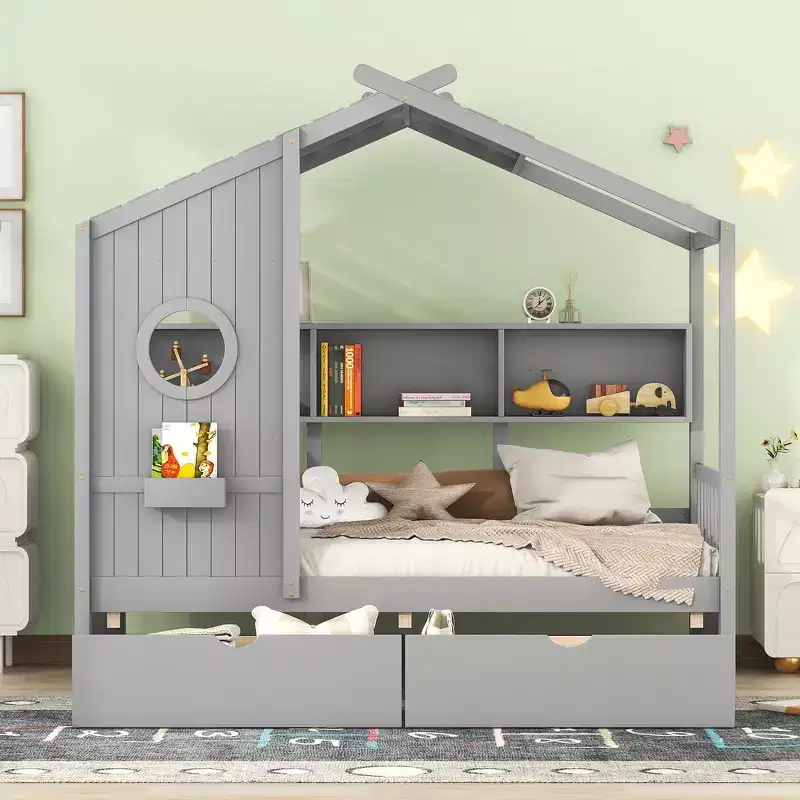 Whisen Twin Size House Bed & Kids Bed, Playhouse Bed with 2 Drawers, Storage Shelf