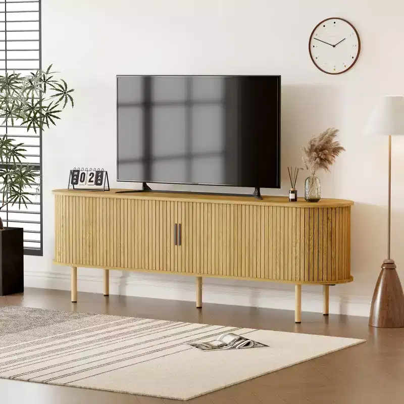 Modern TV Stand for TVs Up to 80, 70'' Fluted Entertainment Center with Storage & Sliding Door, TV Console Table, Sideboard Buffet Cabinet