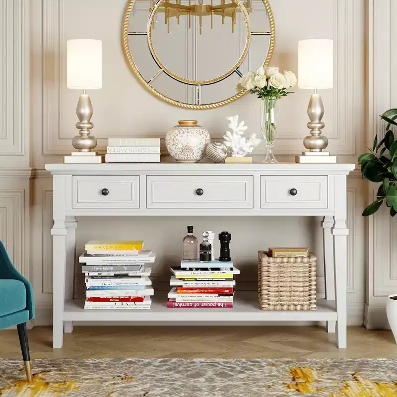 Whisen Classic Retro Style Console Table with 3-Top Drawers and Open Shelf