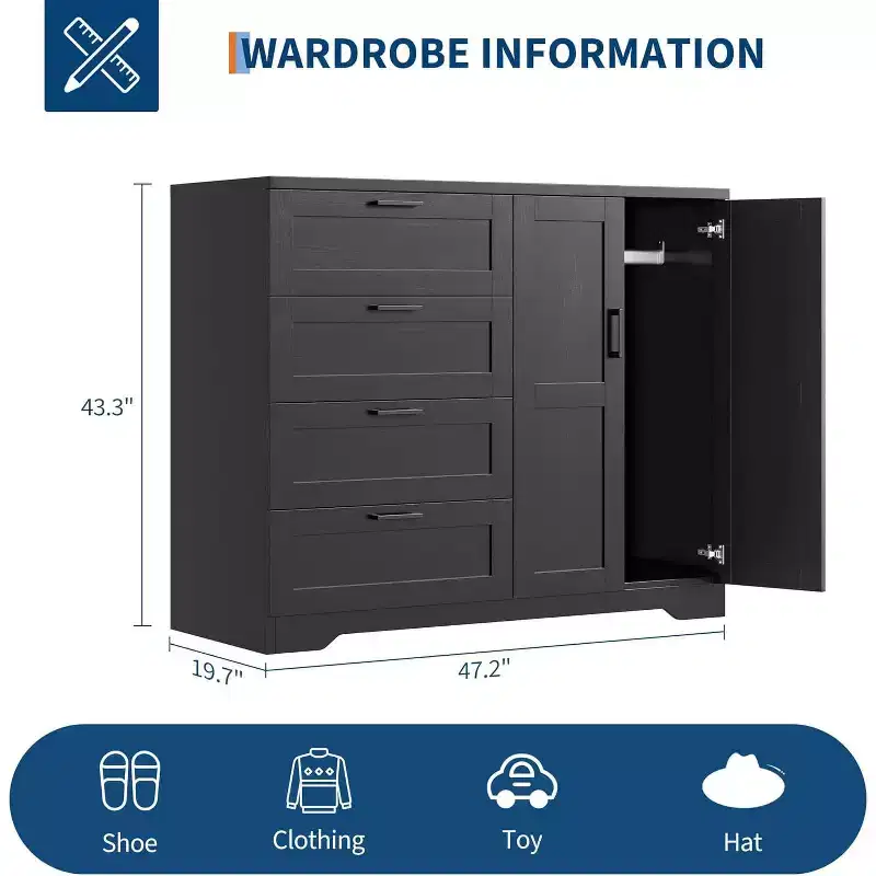 43.3in Wardrobe Closet with 4 Drawers Hanging Rod Double Doors Storage Cabinet for Bedroom, Black