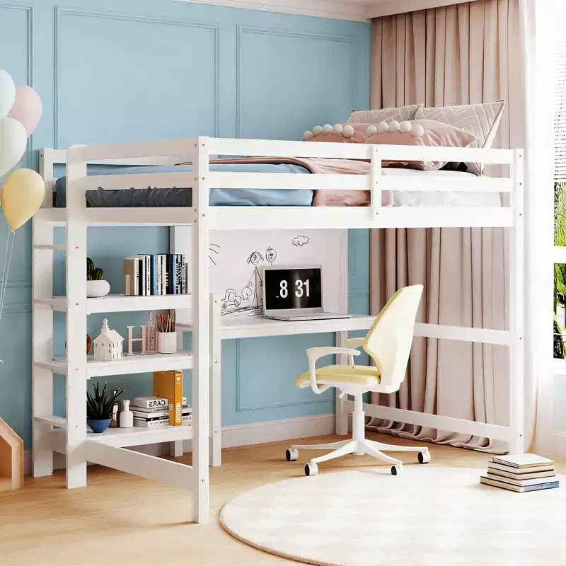 Luxystar Modern Loft Bed with Bookcase, Desk and Writing Board