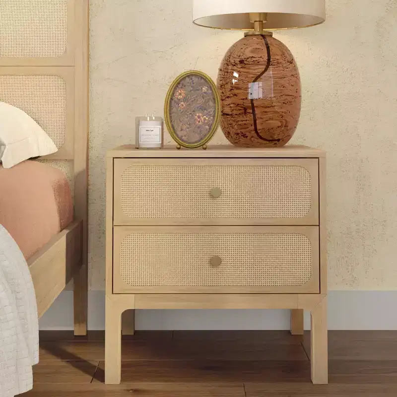 Elio Rattan 2 Drawer Nightstand with Brass Knob