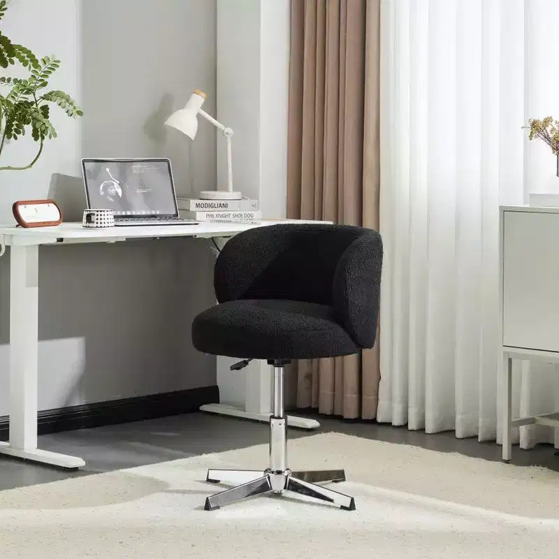Karl Home Cute Modern Teddy Swivel Chair Armless Adjustable Height Office Desk Chair with No Wheels and Backrest Support In white