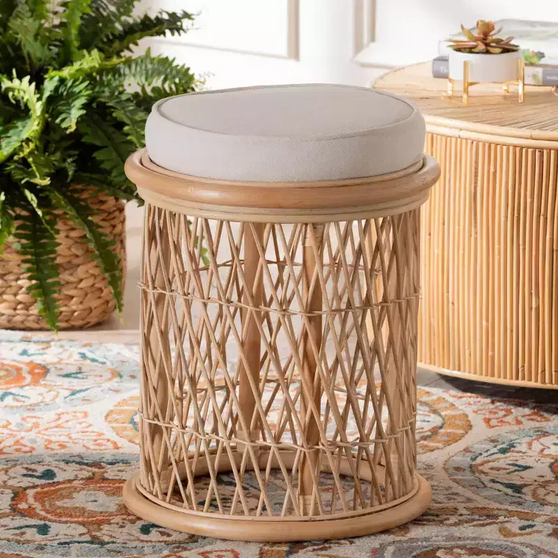 Junius Natural Rattan Ottoman Footstool: Handcrafted, Bohemian, No Assembly Required