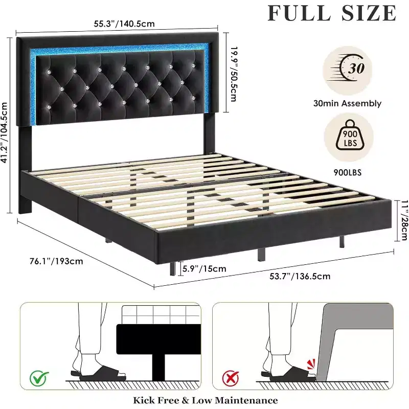 Floating Bed Frame with Smart LED Lights, Upholstered Diamond Headboard, No Box Spring Needed