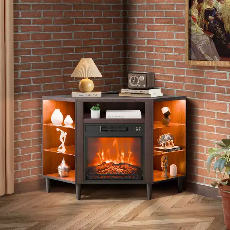 VEVOR Electric Fireplace TV Stand, Corner TV Stand for TVs up to 50, Corner Console with 18 Fireplace, Vintage Design, Remote Control & Timer