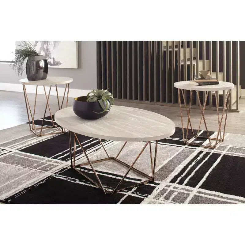 3pc Tarica Coffee and End Table Set Faux Cream/Gold Metal Base - Signature Design by Ashley: Scandinavian Style, Oval & Round Tables