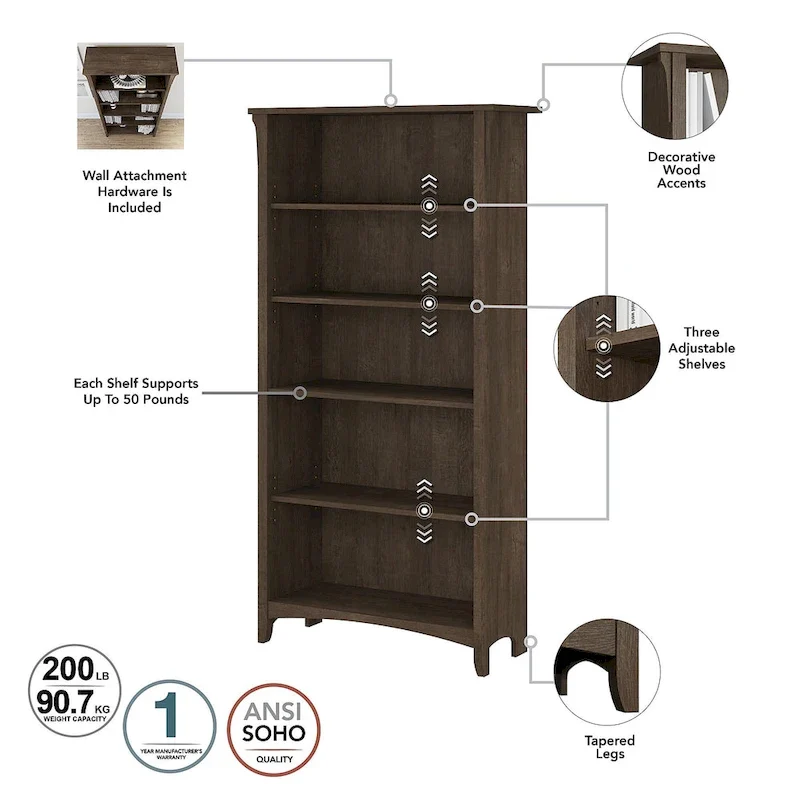 Salinas 60W L Desk with Hutch, Cabinet and Bookcase by Bush Furniture