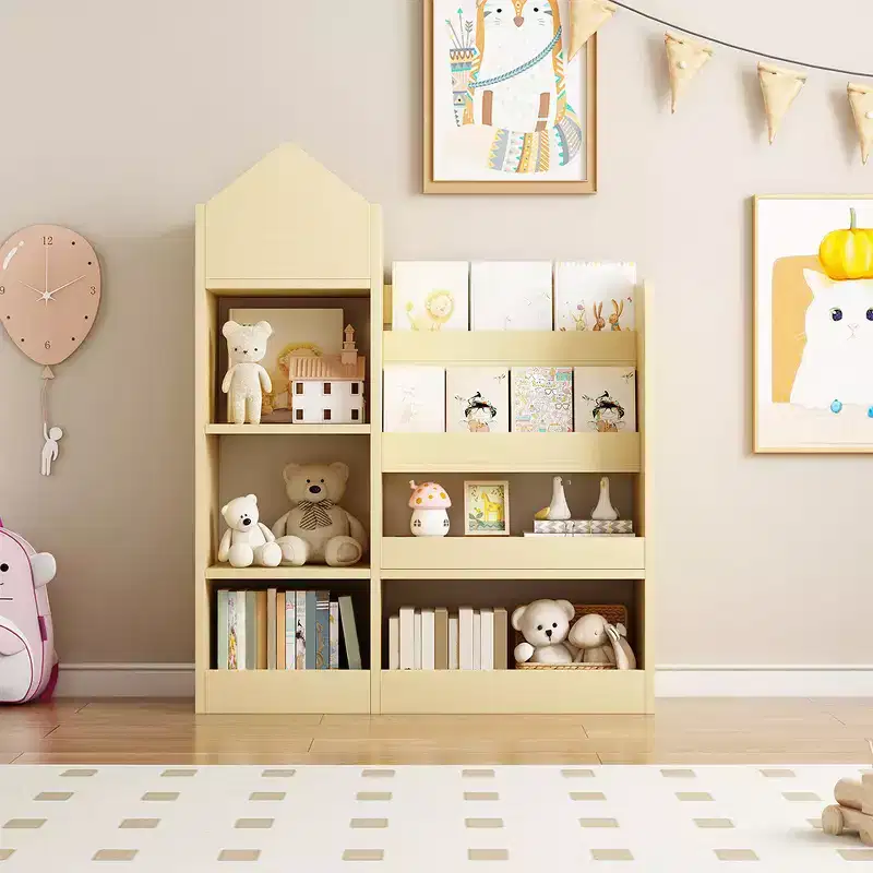 Wooden Bookshelf Storage Organizer with Bookcase, 's Bin Storage Unit with 6 Compartments 2 Baskets Bins Box Organizer