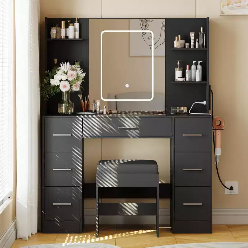 Vanity Desk with Mirror, Led Lights, Power Outlet and Stool, Makeup Vanity Table with 7 Drawers and 6 Storage Shelves, 3 Color Modes, Dressing Table