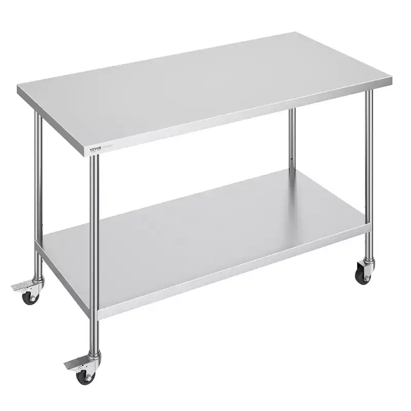Stainless Steel Work Table 30 x 60 x 38 Inch, with 4 Wheels, 3 Adjustable Height Levels, Heavy Duty Food Prep Worktable