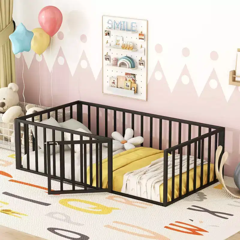 Metal Floor Bed Frame with Fence and Openable Door Kids Play and Sleep Space