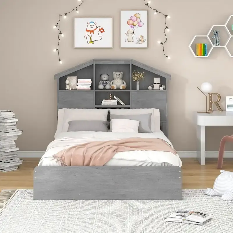 Full Size Wood Platform Bed with House-shaped Storage Headboard and 2 Drawers