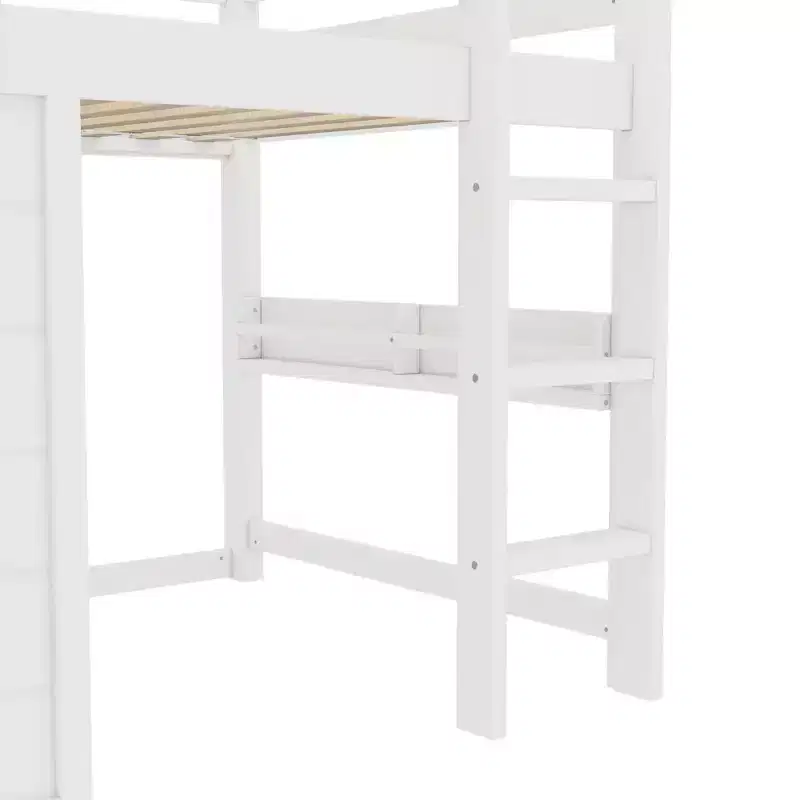 Kids Loft House Bed with Chalkboard | Twin/Full Wood Bed Frame with Play Space & Built-in Bookshelf | Cabin-Style Bunk for Boys & Girls
