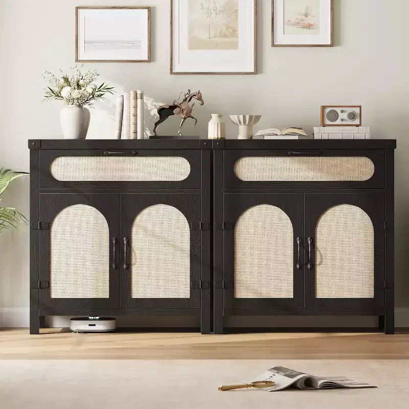 29.9 Small Rattan Buffet Cabinet with Drawer & Adjustable Shelves, Boho Farmhouse Sideboard, Kitchen Coffee Bar Cabinet with Doors, Black