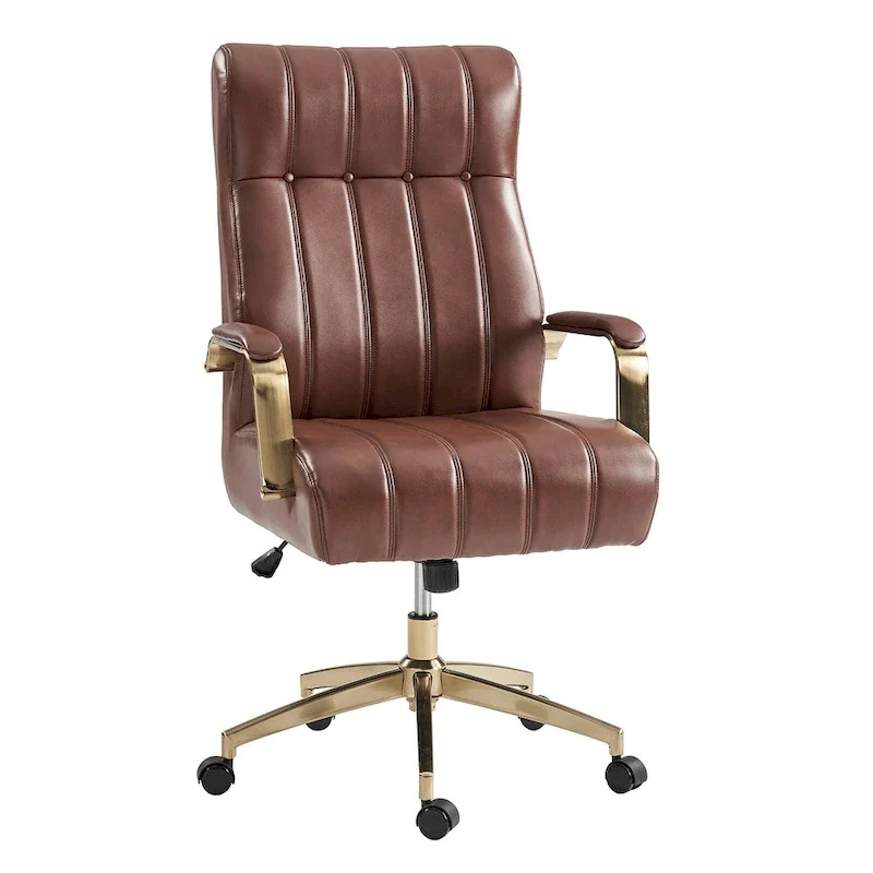 Mid-Century Modern Vegan Leather Swivel Tilting Office Chair with Channel Tufted and Metal Feet