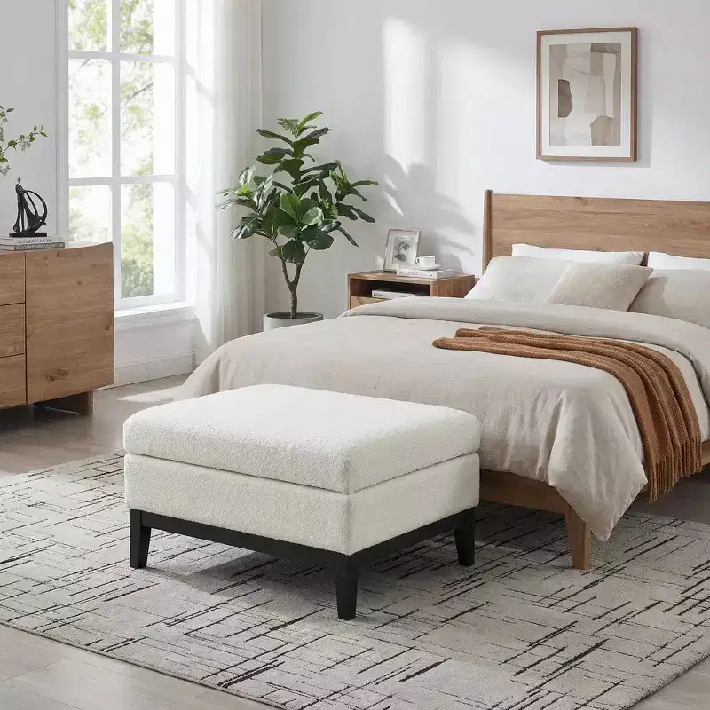 Homy Casa Upholstered Storage Ottoman with Reversible Tray Top, Wood Base Coffee Table for Living Room