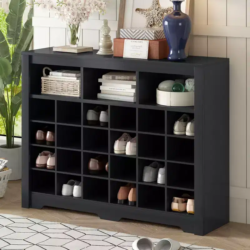 Modern 24 Shoe Cubby Console,Freestanding Shoe Cabinet Storage,Wooden Shoe Rack Organizer with Curved Base for Entryway Hallway Living Room