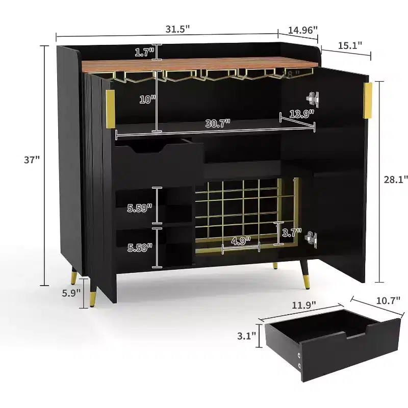 Modern Liquor Cabinet with Wine Rack and Buffet Sideboard, Fluted Glass Doors and Storage Drawers for Kitchen, Dining Room