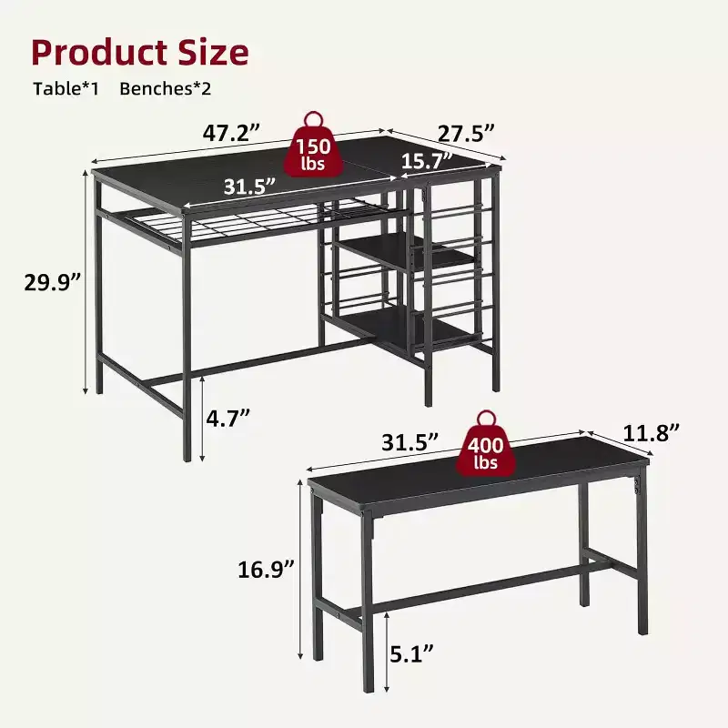 Coolmee 47 Dining Table Set for 4, 3 Pieces Kitchen Table Set with 2 Benches, Wine Rack and 2-Tier Storage Shelves, for Home