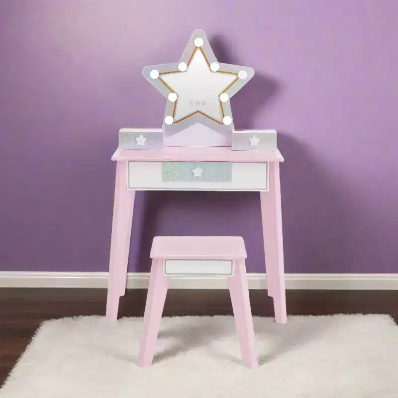 Fantasy Fields Little Princess Star Kids Wooden Vanity Set with LED Mirror & Stool