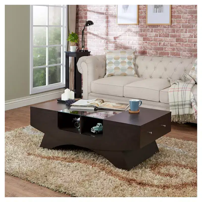 Walnut Multi-Storage Coffee Table with Tempered Glass Top