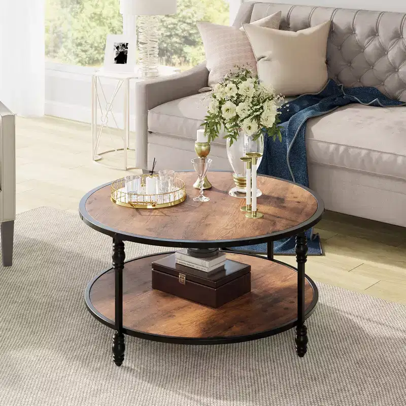 COZONY Round 2-Tier Rustic Coffee Table with Wood Top & Sturdy Roman Column Metal Legs, Easy Assembly Living Room Center Table