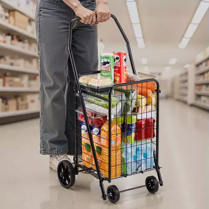 Folding Grocery Utility Cart with Swivel Wheels, 90 lb Capacity, Black