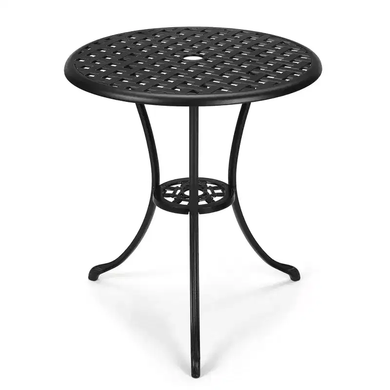 Cast Aluminum Patio Bistro Table, 24 Round Rust-Resistant Outdoor Coffee Table with Umbrella Hole & Frosted Finish for Balcony, Garden, Backyard