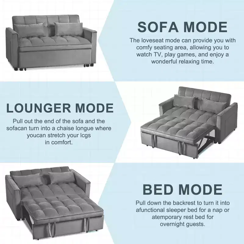 Pull-out sofa with adjustable backrest, velvet two-seater with cushions, suitable for living room, dark gray.