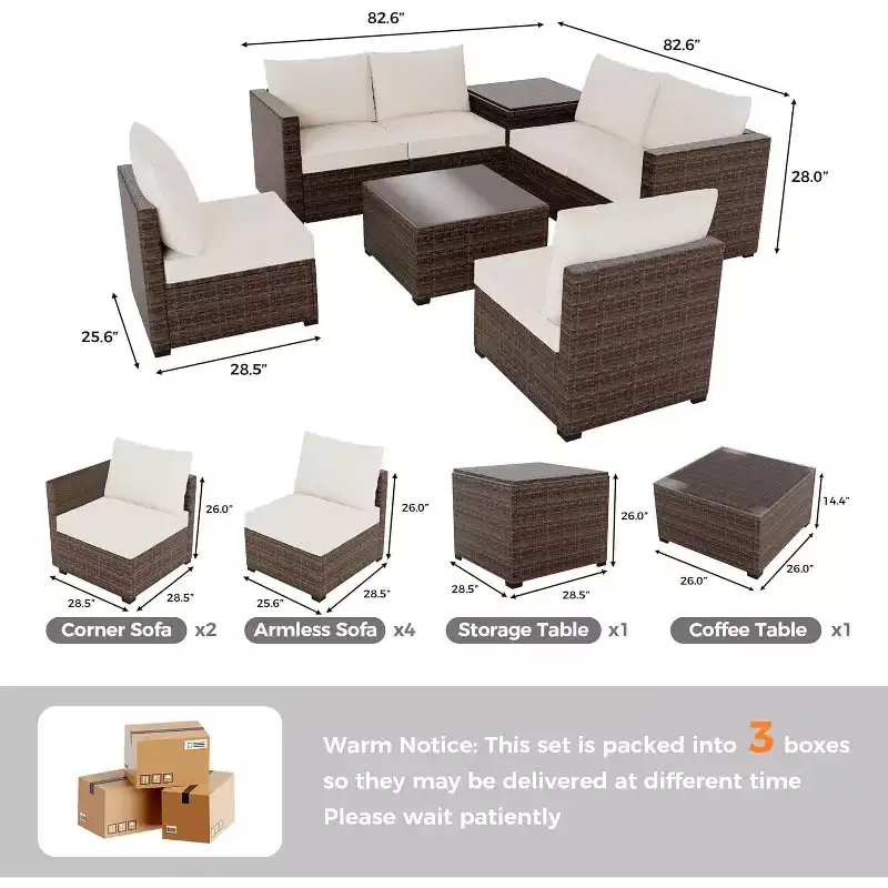 COZONY 8 Piece Outdoor Patio Set, PE Rattan Conversation Sofa Glass Table Storage Box Bistro Set for Pool Lawn